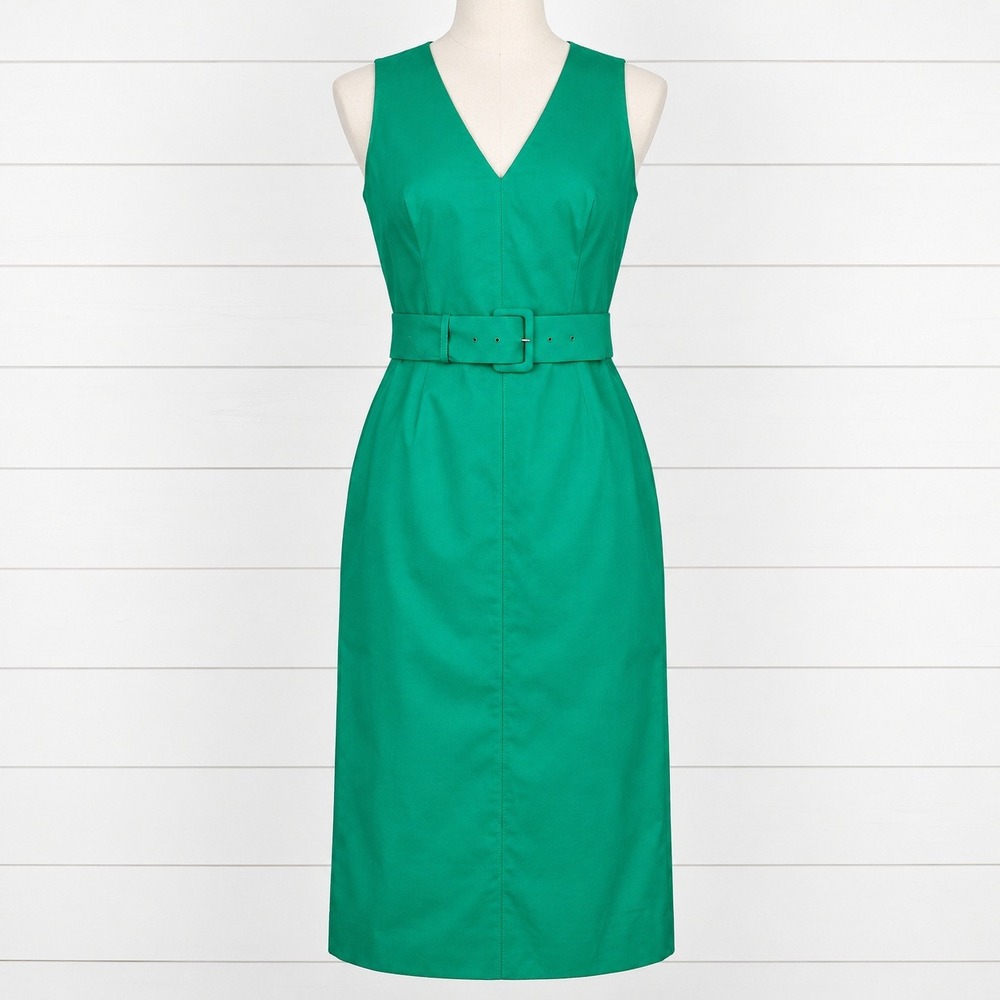 J Crew Classic Belted V Neck Sheath Dress Green Wool Knee Length Holiday Small 6